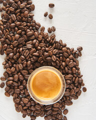 coffee beans and espresso flat lay