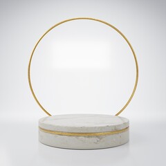 Marble stand for demonstration and exhibition of goods. Stone riser with golden elements, 3d rendering
