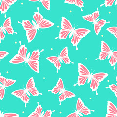 Fototapeta na wymiar White butterflies with pink simple elements, dots on a light turquoise background. Insects. Seamless summer pattern. Suit for packaging, textile.