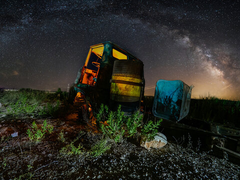 Rear View Night Photo Of Truck With Milky Way