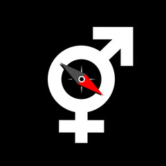Ambiguous gender identity or bisexual sexual orientation. Ambiguity of compass as metaphor of nonbinary and non binary sex. Vector illustration isolated on black.