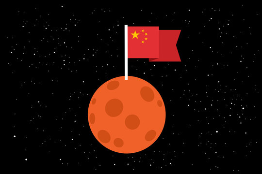 National flag of China is waving on the Mars - planet is explored and colonized by country. Chinese colonization and exploration of outer space, cosmos. Vector illustration.
