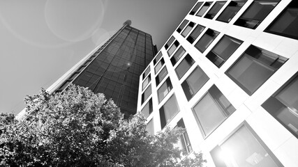 Bottom view of modern skyscraper in business district against blue sky. Looking up at business buildings in downtown. Rising sun on the horizon. Black and white.