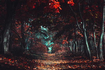 Mysterious road. Fairy Mysterious Forest. Mystical atmosphere. Paranormal another world. Stranger forest in a fog. Dark wood. Background wallpaper. Scary forest trees in a fog. Horrible dream.