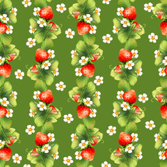 Strawberry background with flowers, wild berries, leaves. Seamless pattern