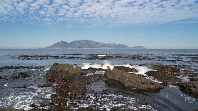 Establishing shot showing Cape Town, South Africa, as seen from Robben Island.