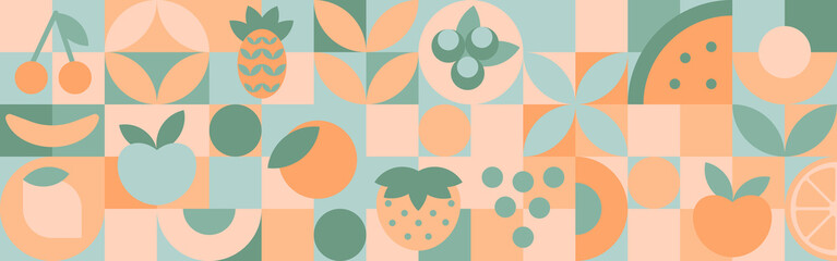 Fruits - geometric shapes, abstract minimalistic organic food banner with brutalistic shapes and simple circles and quads. Template for textiles or packaging. © Nadzeya Pakhomava