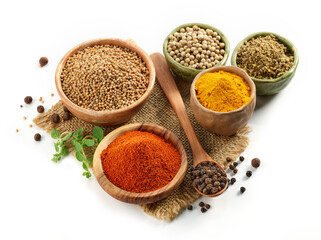 various spices on white background
