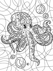 Sea animal. Isolated octopus with air bubbles. Page outline of cartoon. Zen tangle style. Hand draw