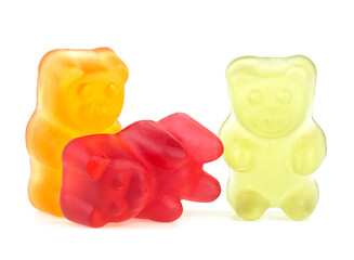 Three colored jelly bears isolated on a white background. Jelly candy. Marmalade bears.