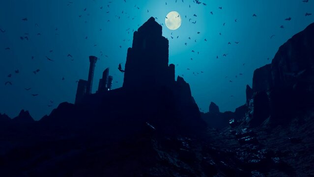 Old castle dark silhouette during the night. Bats flying around. Horror, Dracula