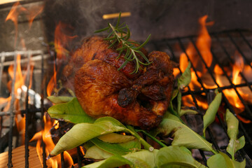 Barbacoa de pollo asado con hojas de limón y romero, fiesta, estilo de vida y picnic
