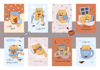 Cute and funny cat with coffee in various situations. A set of postcards.