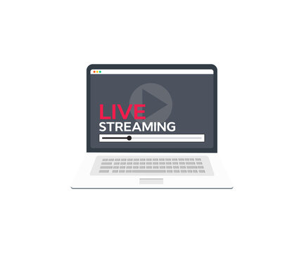 Live streaming social media web network concept on laptop computer screen logo design. Broadcast online technology stream video and music. Internet marketing. vector design and illustration.