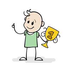 Cartoon stickman drawing illustration of young man holding number one gold trophy cup as symbol of victory. First place. Champion win. Sports competition winner with big reward cup. Concept of success