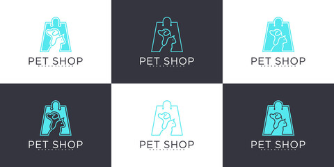 Set of pets shop design template with creative line art style Premium Vektor