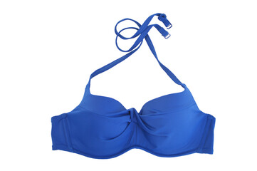 Fashionable swimsuit bra isolated on white background. Women's blue bathing bra with a bright print.