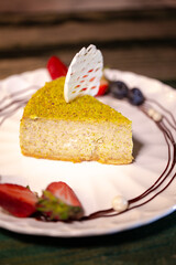 pistachio fresh delicious cheesecake on a plate