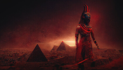 Abstract Egyptian fantasy landscape. The image of a female pharaoh in a mask. Red neon light. Desert with pyramids. Night desert landscape. 3D illustration. - obrazy, fototapety, plakaty
