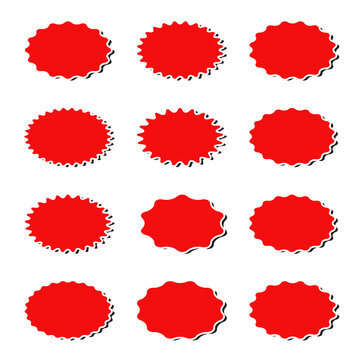 Set of 12 red starburst badges with shadows for labels, price tags and stickers.