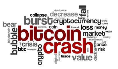 Word cloud with tags connected with bitcoin crash and cryptocurrency bubble burst