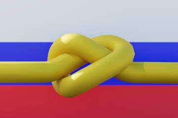 Gas sanctions concept. Gas pipe tied in a knot on the background of the flag of Russia. 3D render.