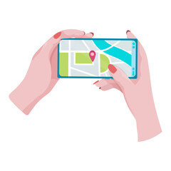 Hands holding a phone or tablet. Phone with map and marker. Mobile gps navigation and path tracking concept. The woman is holding a phone in her hand. Vector illustration.