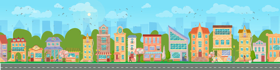 Obraz na płótnie Canvas City street. Panoramic cityscape with bright houses, walking pedestrians, flowering trees. Shop and stores. Spring city. Vector illustration in cartoon style.