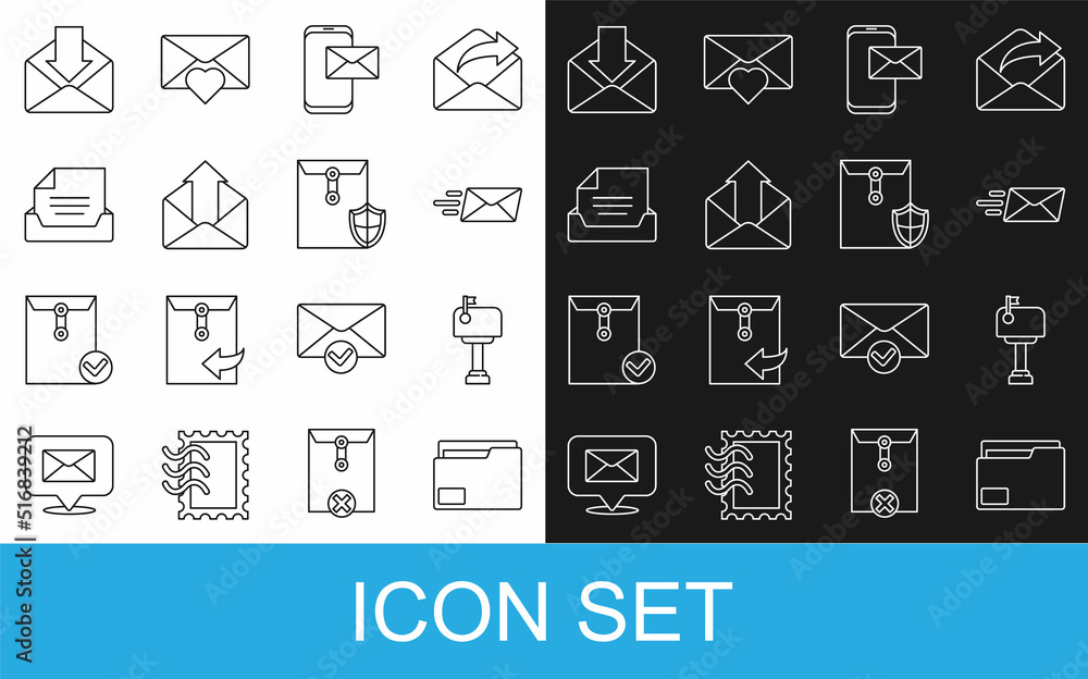 Poster set line document folder, mail box, express envelope, mobile and, outgoing mail, drawer with documen