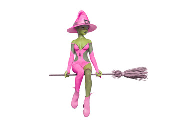 witch girl is flying sitting up in a broom