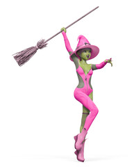 witch girl is celebrating halloween and holding up a broom