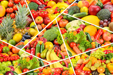Beautiful pattern multi-colored fruits, vegetables and berries separated by white lines.