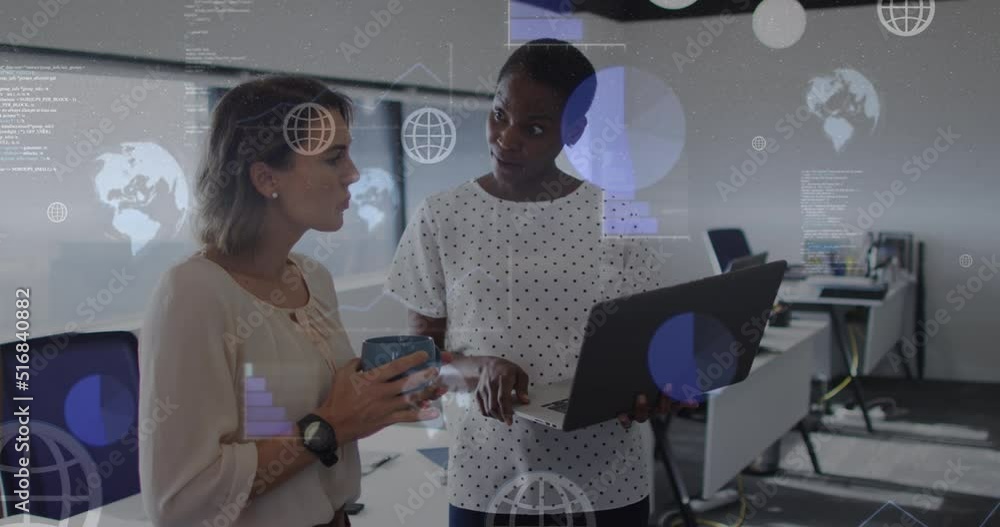 Poster animation of data processing and globe icons over diverse business people in office