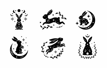 Set of celestial animal silhouettes of rabbit. Magic bunnies. Black magical bunny rabbits, mystic crescent moon esoteric symbol, constellation elements. Vector rabbits for decoration. Celestial 