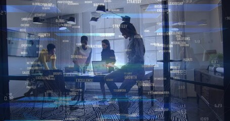 Animation of data processing and network of connections over diverse business people in office - Powered by Adobe