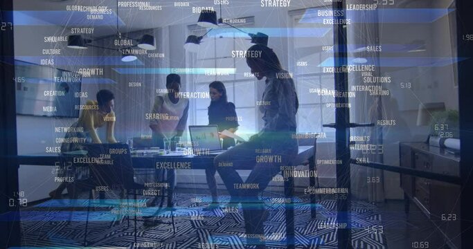 Animation of data processing and network of connections over diverse business people in office - Powered by Adobe