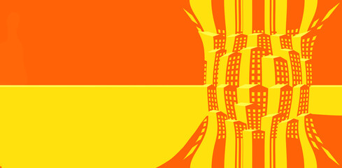 Abstract bright yellow orange background with city building in bubble. Creative design for poster, presentation, flyer, banner, template. Copy space. NFT card. Virtual reality. Property. Solar energy.