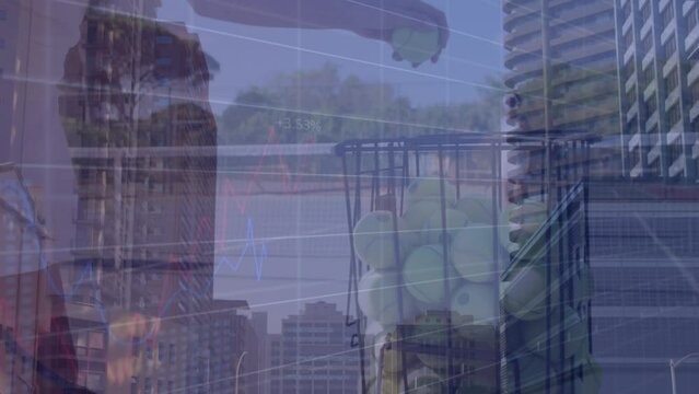 Animation of data processing and cityscape over diverse tennis players