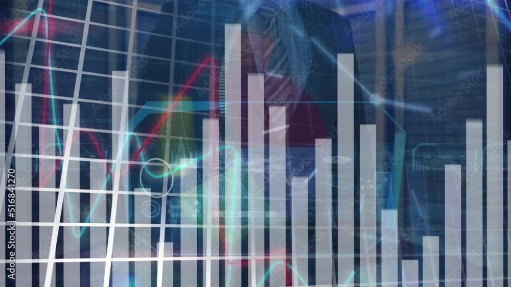 Poster animation of data processing and caucasian businessman over server room