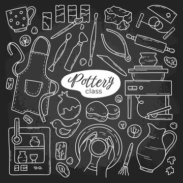 Pottery class and ceramics workshop hand drawn chalk vector icons set on the blackboard in Doodle sketch style. Wheel, clay, pots, string, apron and handmade tools. Black background