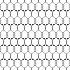 Repeated black polygons on white background. Honeycomb wallpaper. Seamless surface pattern design with regular hexagons. Grill motif. Digital paper for page fills, web designing, textile print. Vector
