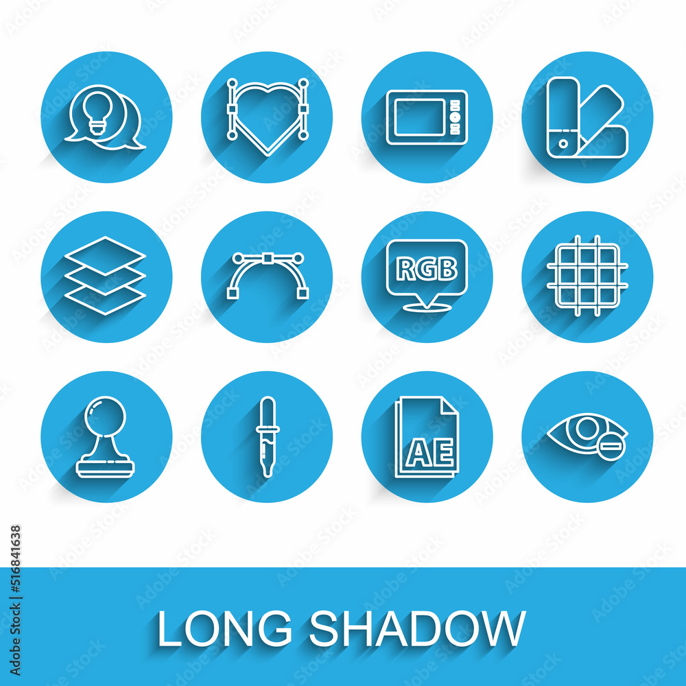 Poster set line stamp, pipette, light bulb with concept of idea, ae file document, red eye effect, bezier c