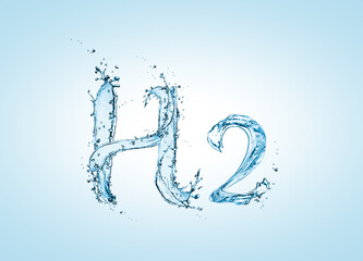 Chemical formula H2 made of water on light blue background