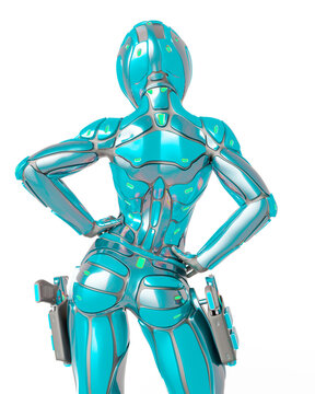 astronaut girl on sci-fi suit is doing a pin up pose rear view