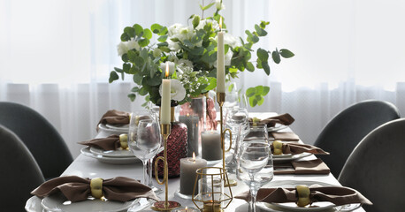 Festive table setting with beautiful decor indoors. Banner design