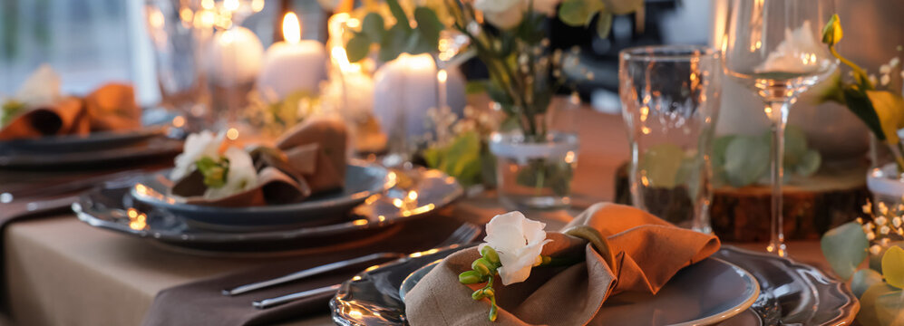 Elegant table setting with beautiful floral decor. Banner design