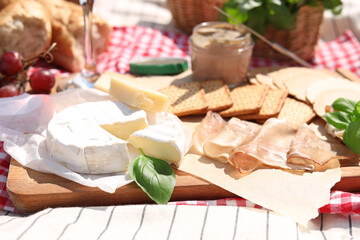 Blanket with different products for summer picnic, closeup
