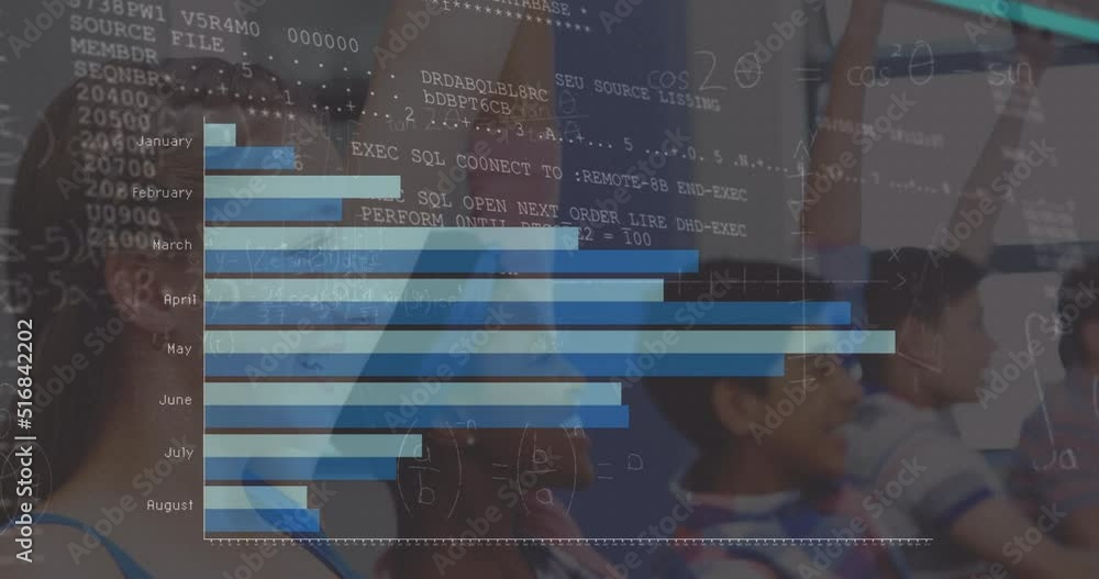 Aufkleber animation of data processing over diverse schoolchildren learning in classroom