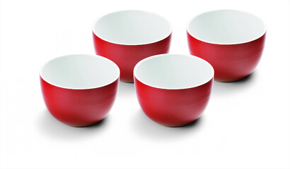 Set of four ceramic empty bowls, red outside, white inside, isolated on white