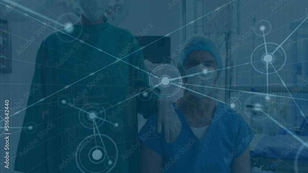 Poster animation of caucasian surgeons over data processing